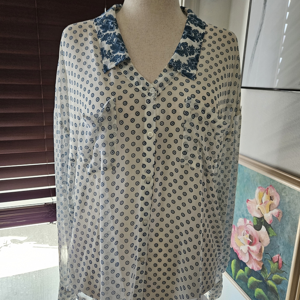 Free People Blue and White Button Down Shirt